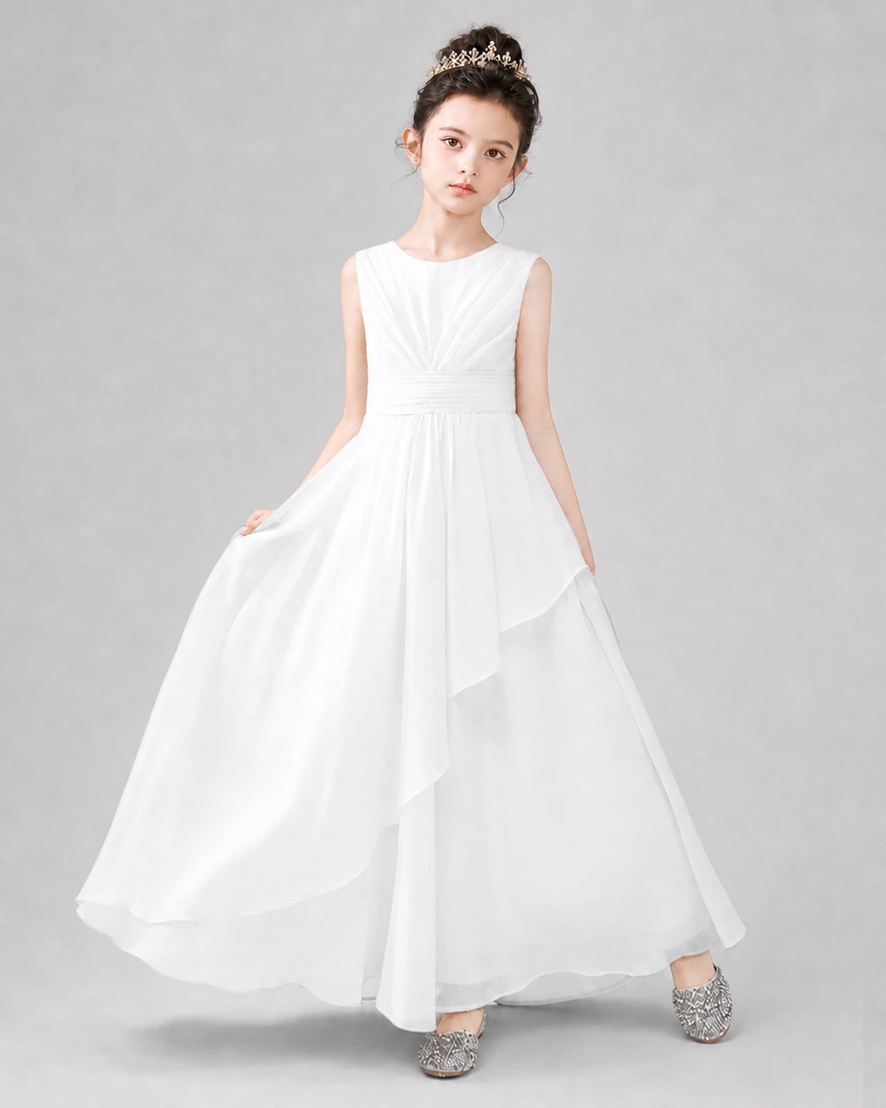 White Chiffon A-line Junior Bridesmaid Dress Front View