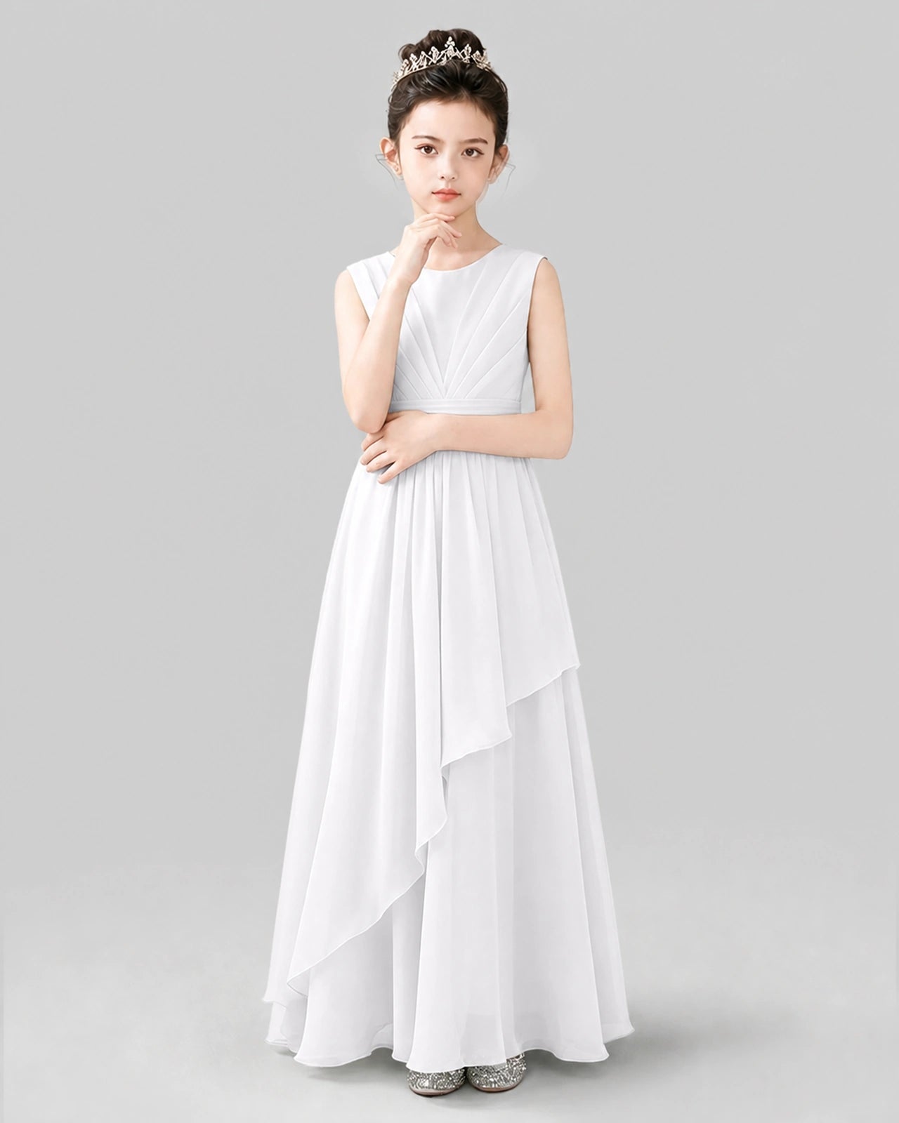 White Chiffon Ruffled Junior Bridesmaid Dress Front View.