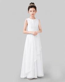Light Gray Chiffon Ruffled Junior Bridesmaid Dress Front View.