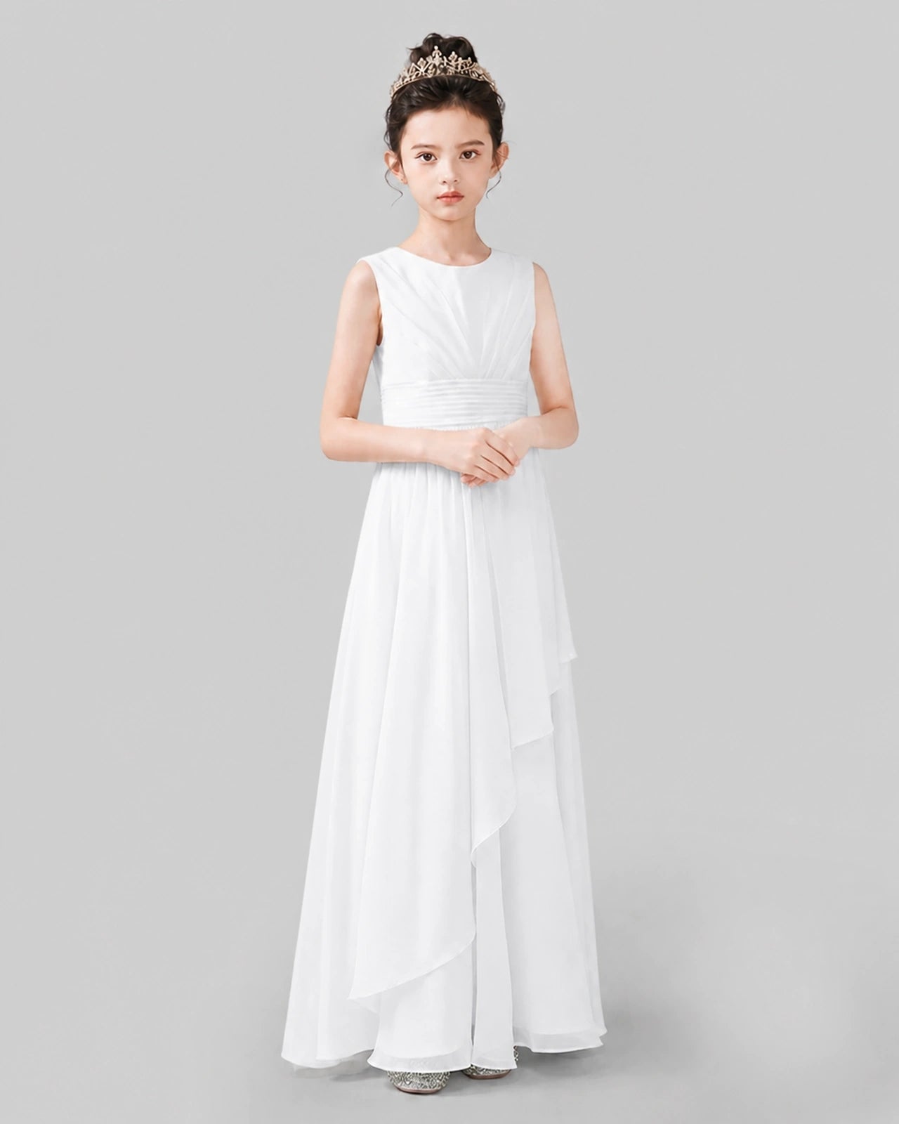 Light Gray Chiffon Ruffled Junior Bridesmaid Dress Front View.