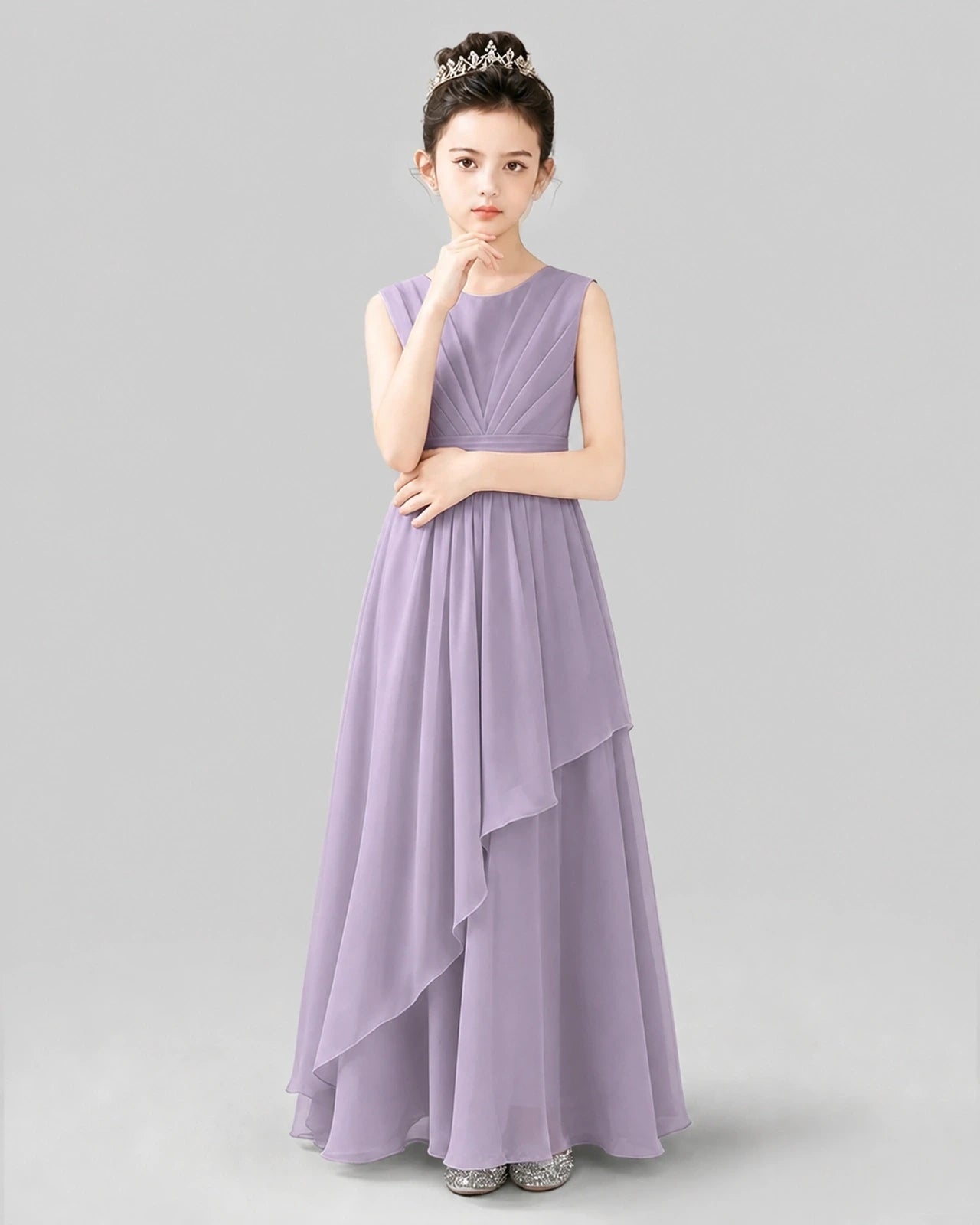 Lavender Chiffon Ruffled Junior Bridesmaid Dress Front View.