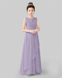 Light Gray Chiffon Ruffled Junior Bridesmaid Dress Front View.