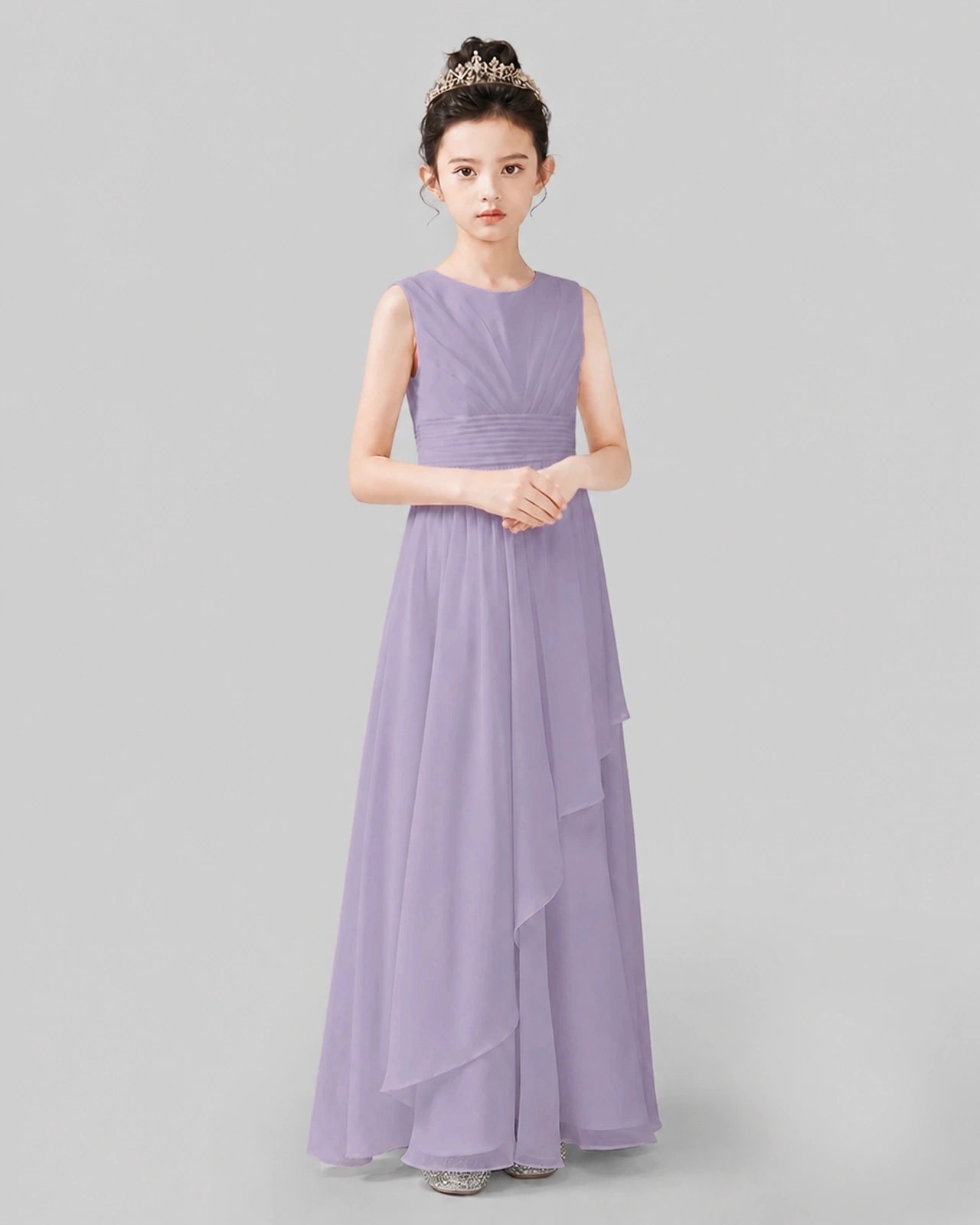Light Gray Chiffon Ruffled Junior Bridesmaid Dress Front View.