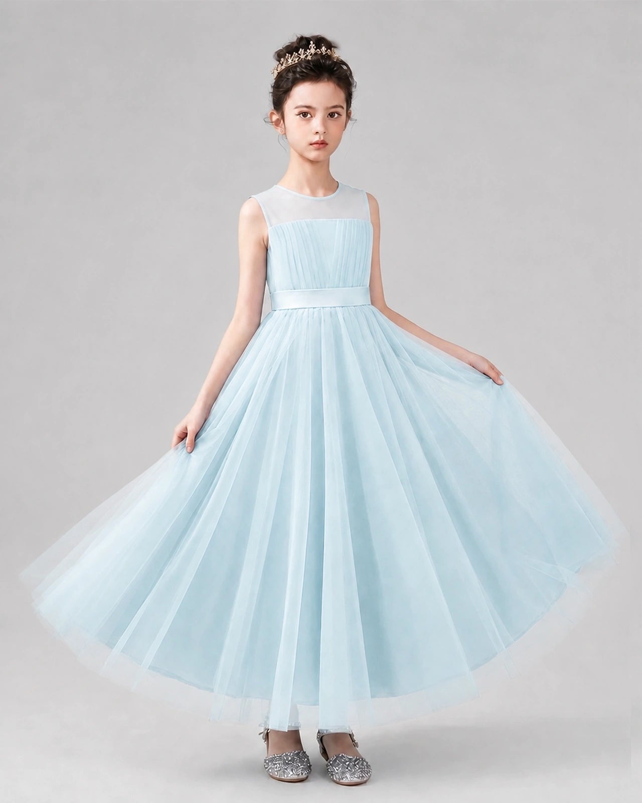 Baby Blue Satin Tulle A-line Flower Girl Dress Back View