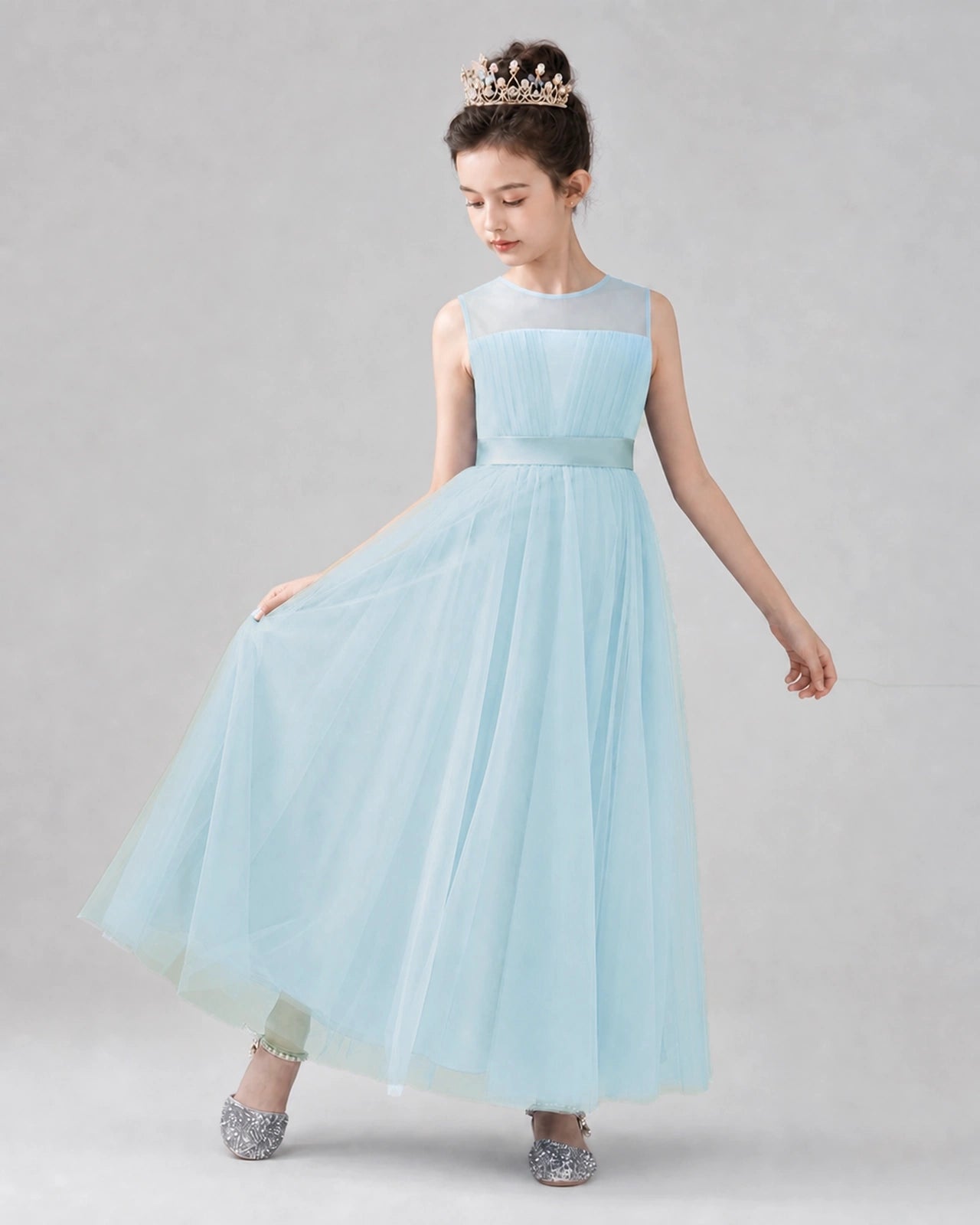 Dideyttawl Tulle Flower Girl Dress with Sleeveless Illusion Neck and Bow