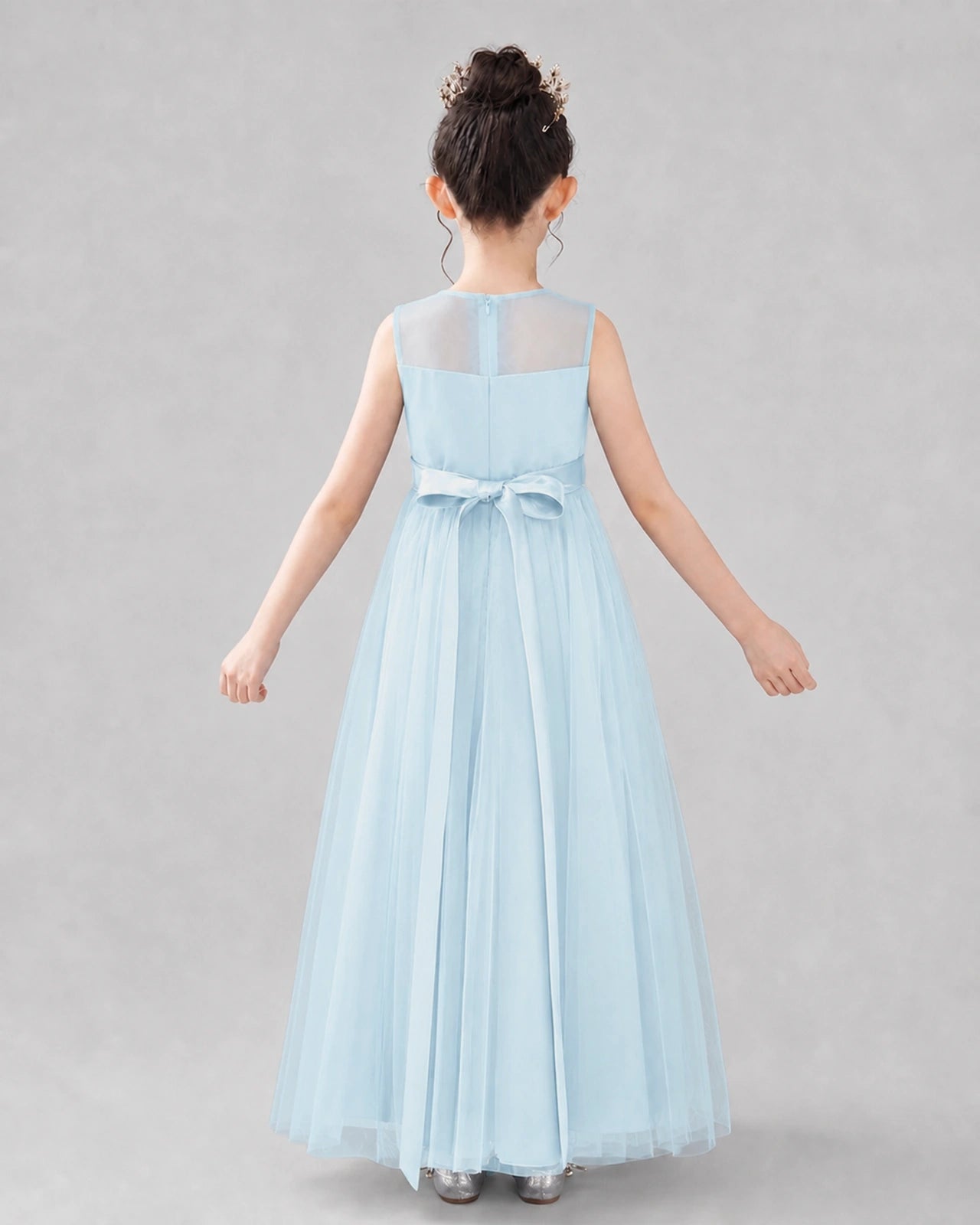 Dideyttawl Tulle Flower Girl Dress with Sleeveless Illusion Neck and Bow