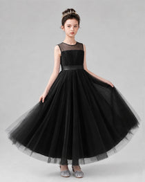 Dideyttawl Tulle Flower Girl Dress with Sleeveless Illusion Neck and Bow