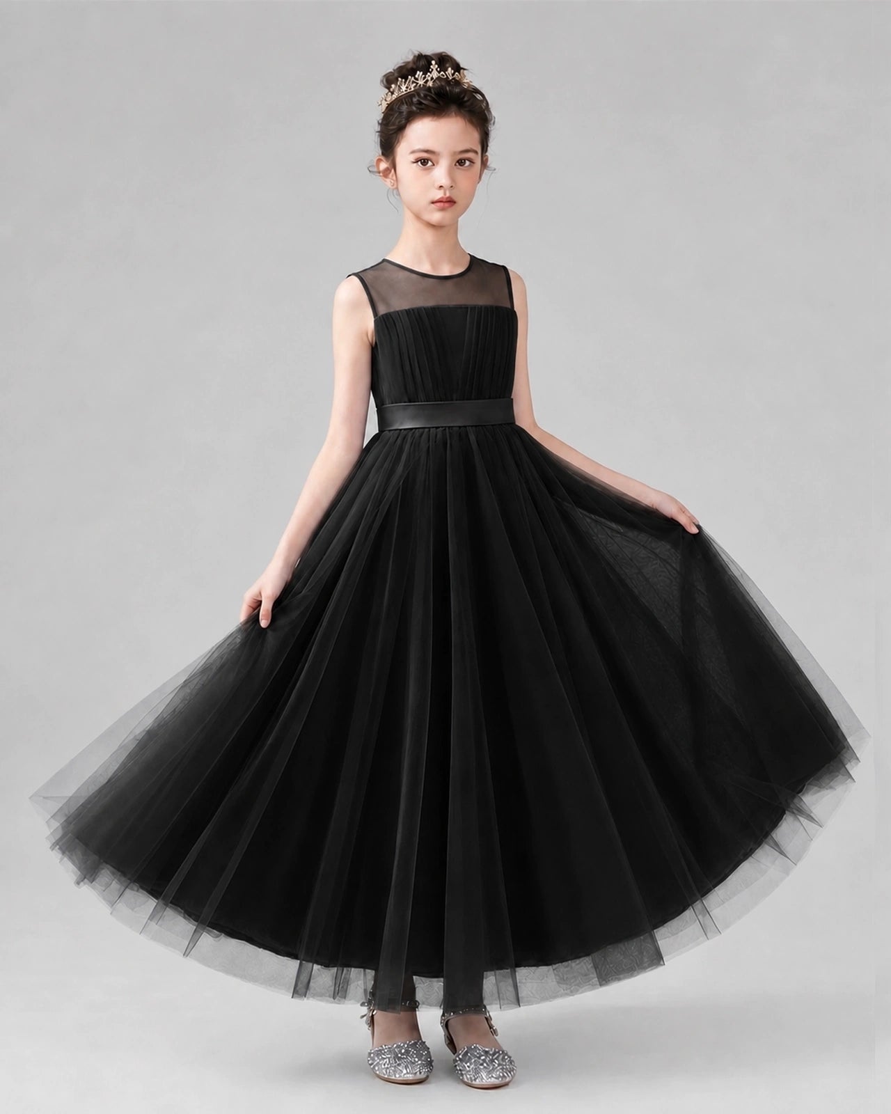 Dideyttawl Tulle Flower Girl Dress with Sleeveless Illusion Neck and Bow
