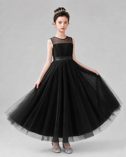 Black Satin Tulle A-line Flower Girl Dress Back View