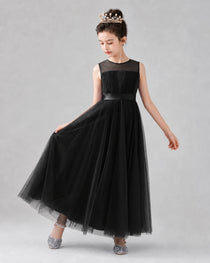 Dideyttawl Tulle Flower Girl Dress with Sleeveless Illusion Neck and Bow