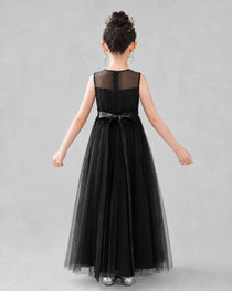 Dideyttawl Tulle Flower Girl Dress with Sleeveless Illusion Neck and Bow