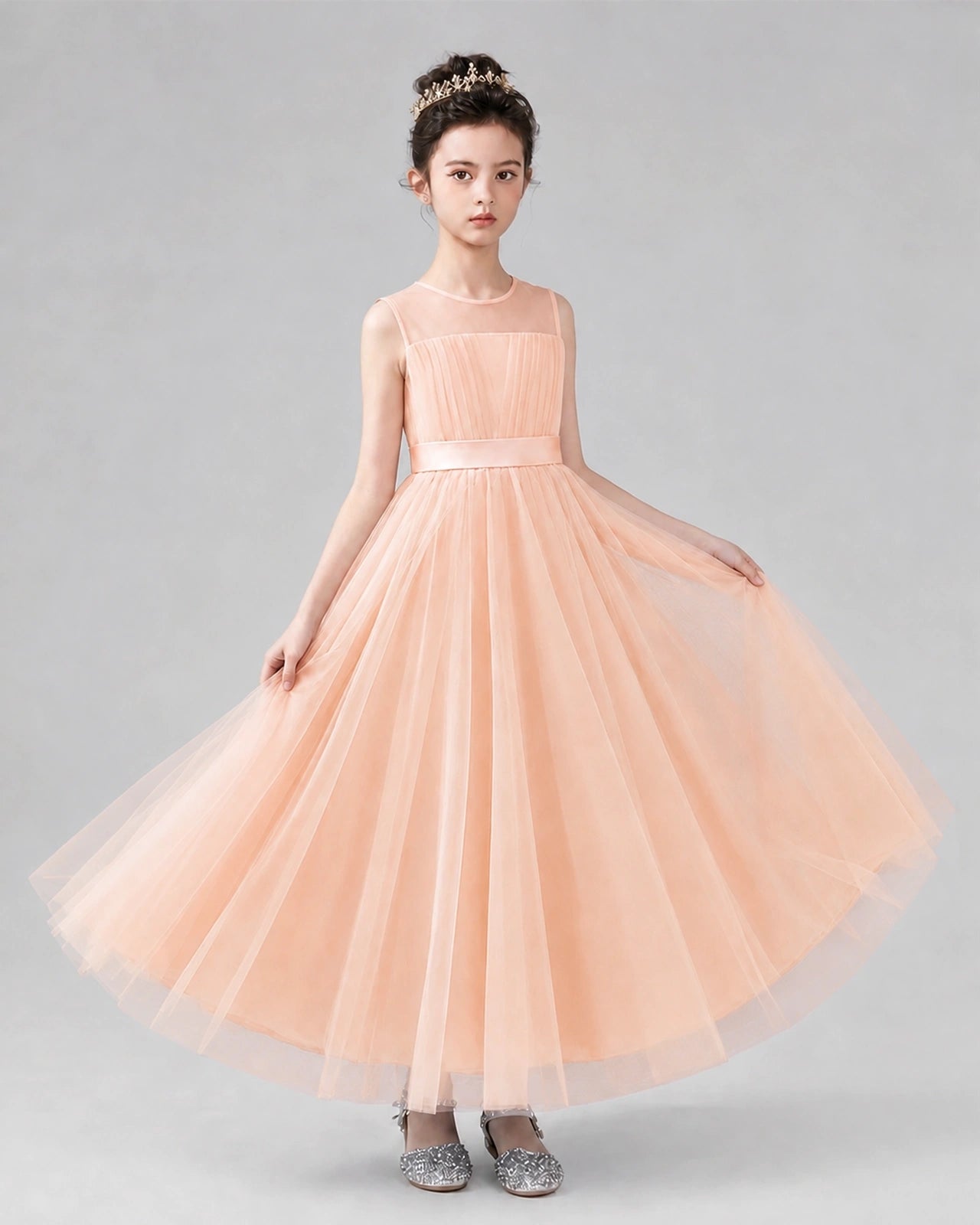 Dideyttawl Tulle Flower Girl Dress with Sleeveless Illusion Neck and Bow Imagen principal del producto