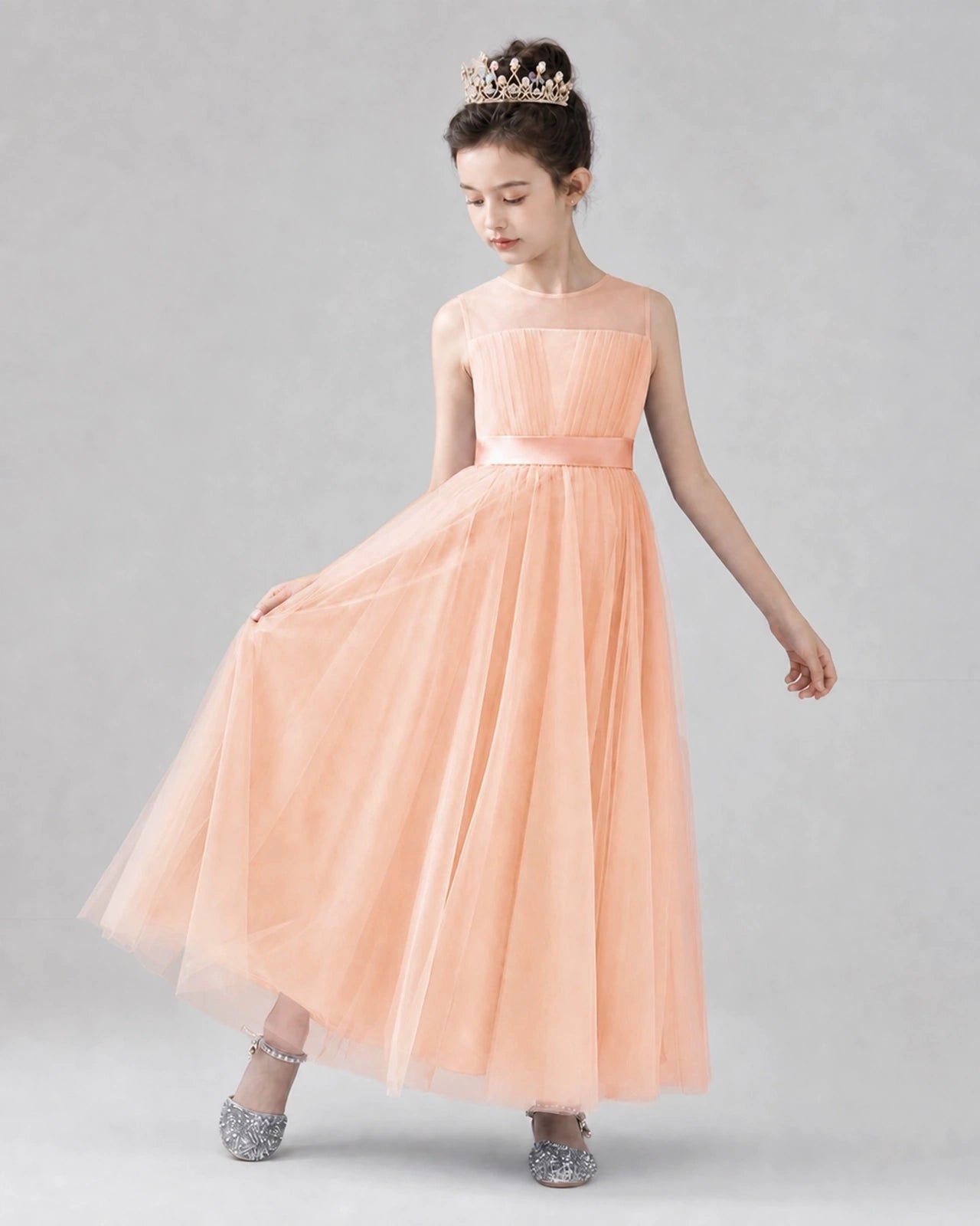 Blush Pink Satin Tulle A-line Flower Girl Dress Front View