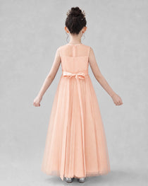 Dideyttawl Tulle Flower Girl Dress with Sleeveless Illusion Neck and Bow