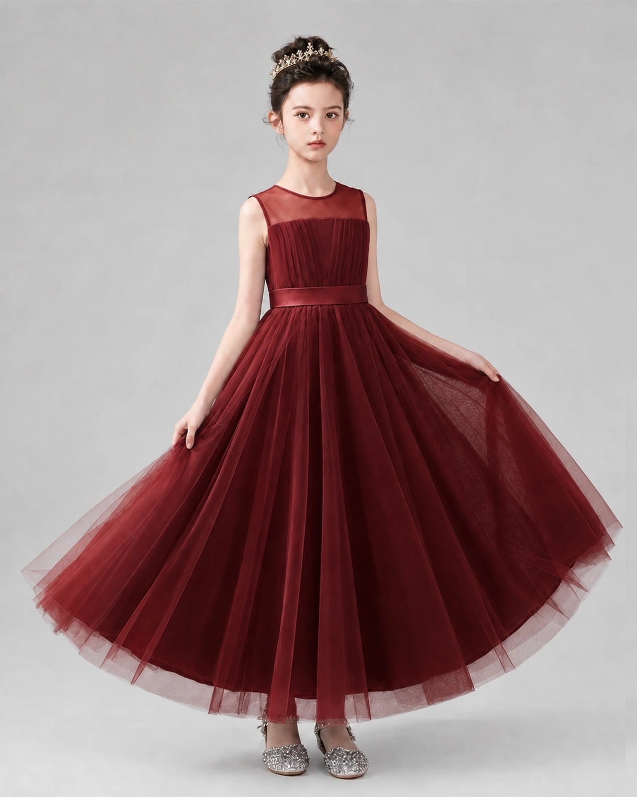Burgundy Satin Tulle A-line Flower Girl Dress Front View