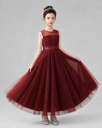 Dideyttawl Tulle Flower Girl Dress with Sleeveless Illusion Neck and Bow