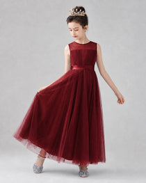 Dideyttawl Tulle Flower Girl Dress with Sleeveless Illusion Neck and Bow