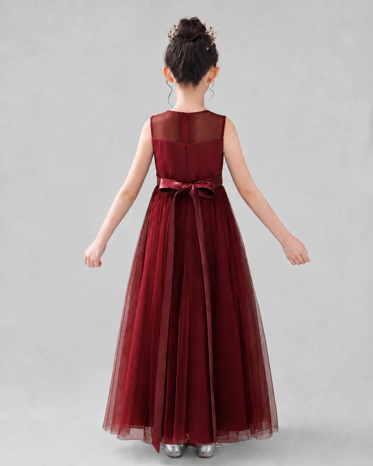 Burgundy Satin Tulle A-line Flower Girl Dress Back View