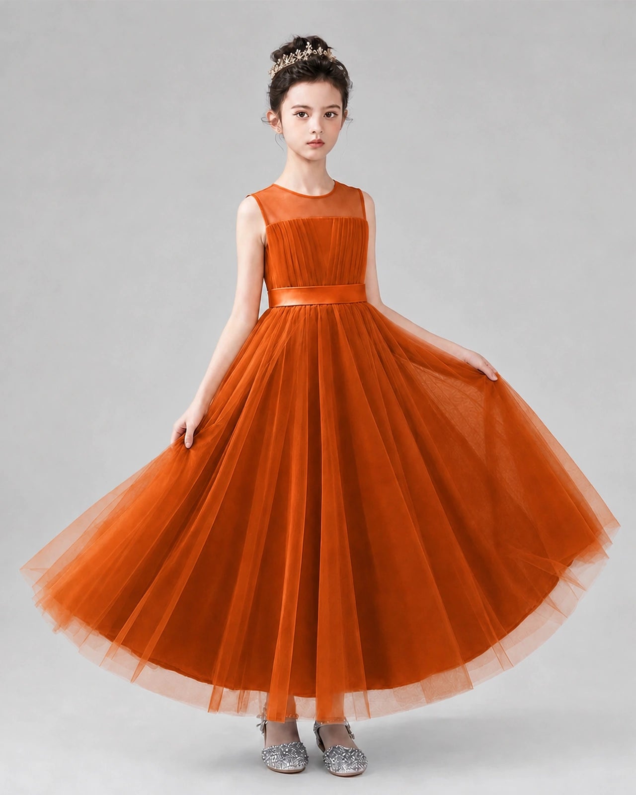 Dideyttawl Tulle Flower Girl Dress with Sleeveless Illusion Neck and Bow