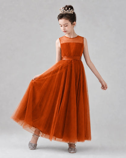 Burnt Orange Satin Tulle A-line Flower Girl Dress Front View