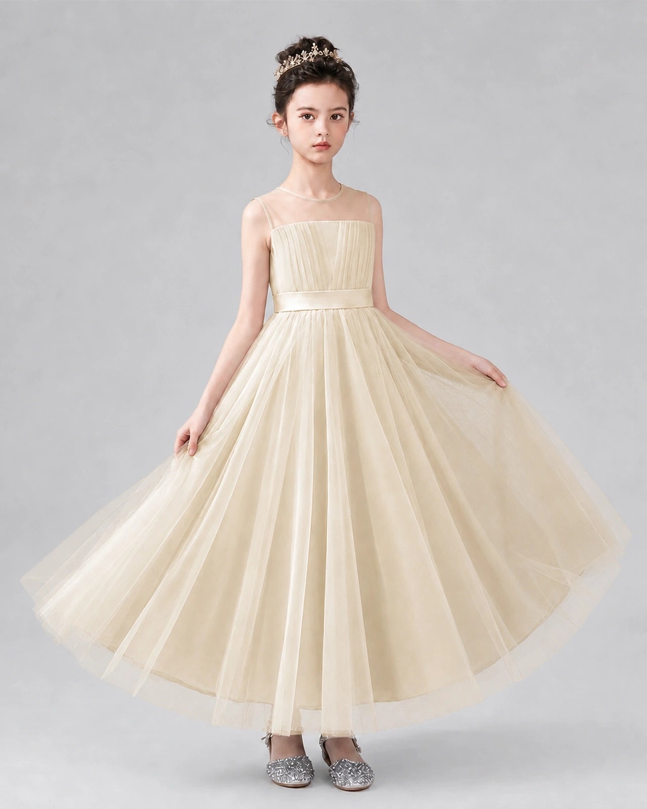 Dideyttawl Tulle Flower Girl Dress with Sleeveless Illusion Neck and Bow