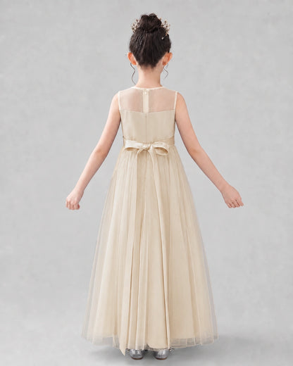 Champagne Satin Tulle A-line Flower Girl Dress Back View