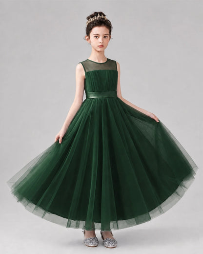 Dark Green Satin Tulle A-line Flower Girl Dress Back View