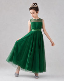 Dideyttawl Tulle Flower Girl Dress with Sleeveless Illusion Neck and Bow