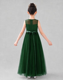 Dideyttawl Tulle Flower Girl Dress with Sleeveless Illusion Neck and Bow