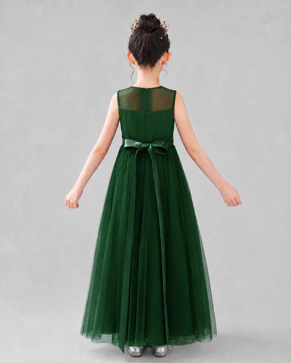 Dark Green Satin Tulle A-line Flower Girl Dress Back View
