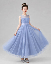 Dideyttawl Tulle Flower Girl Dress with Sleeveless Illusion Neck and Bow