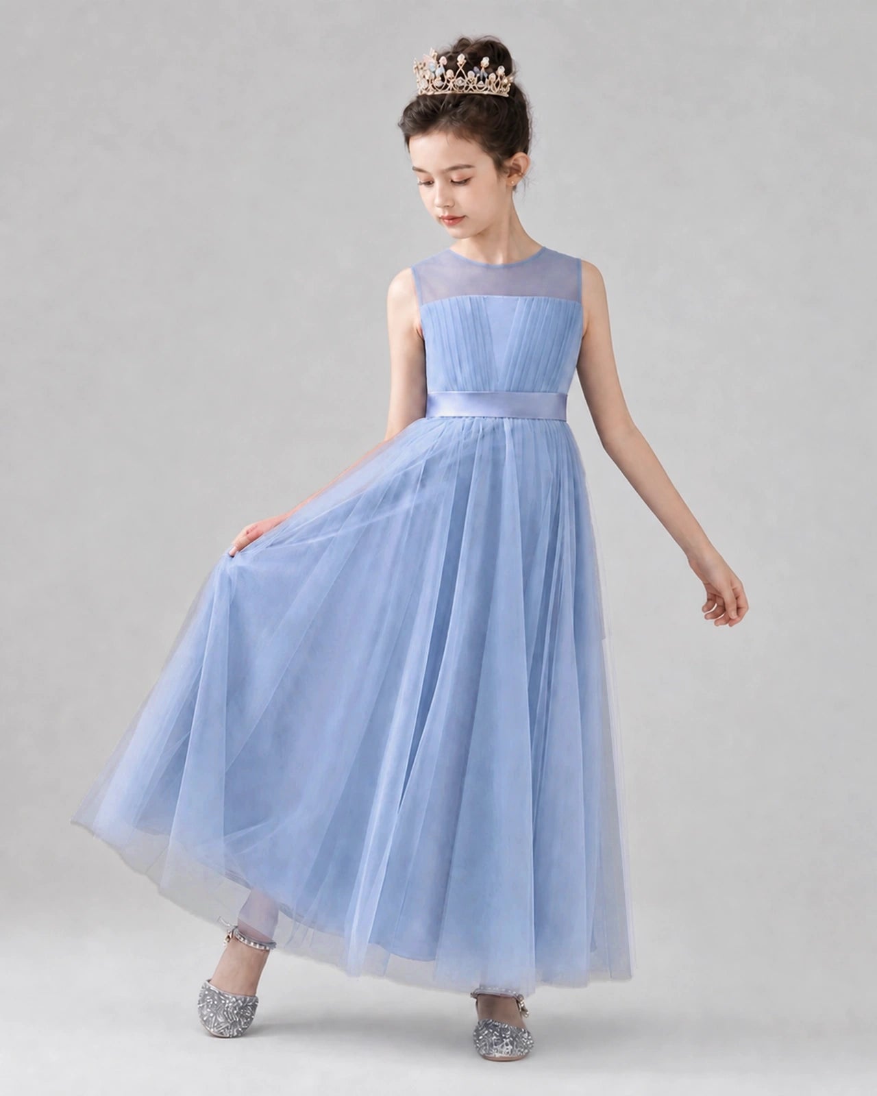Dideyttawl Tulle Flower Girl Dress with Sleeveless Illusion Neck and Bow