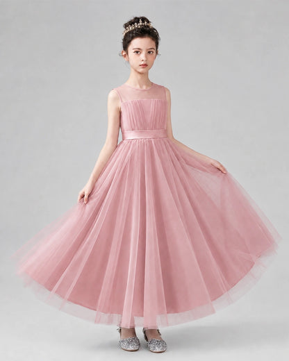 Dusty Rose Satin Tulle A-line Flower Girl Dress Front View