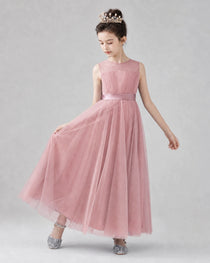 Dideyttawl Tulle Flower Girl Dress with Sleeveless Illusion Neck and Bow