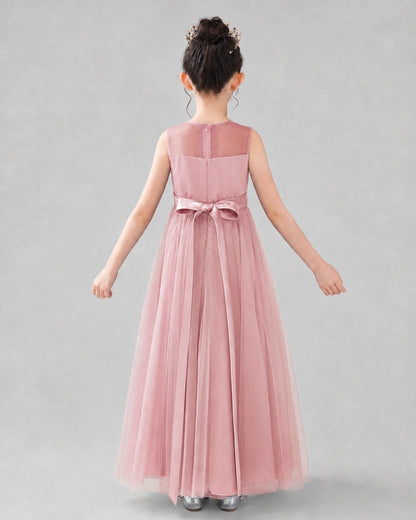 Dusty Rose Satin Tulle A-line Flower Girl Dress Back View