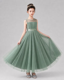 Dideyttawl Tulle Flower Girl Dress with Sleeveless Illusion Neck and Bow