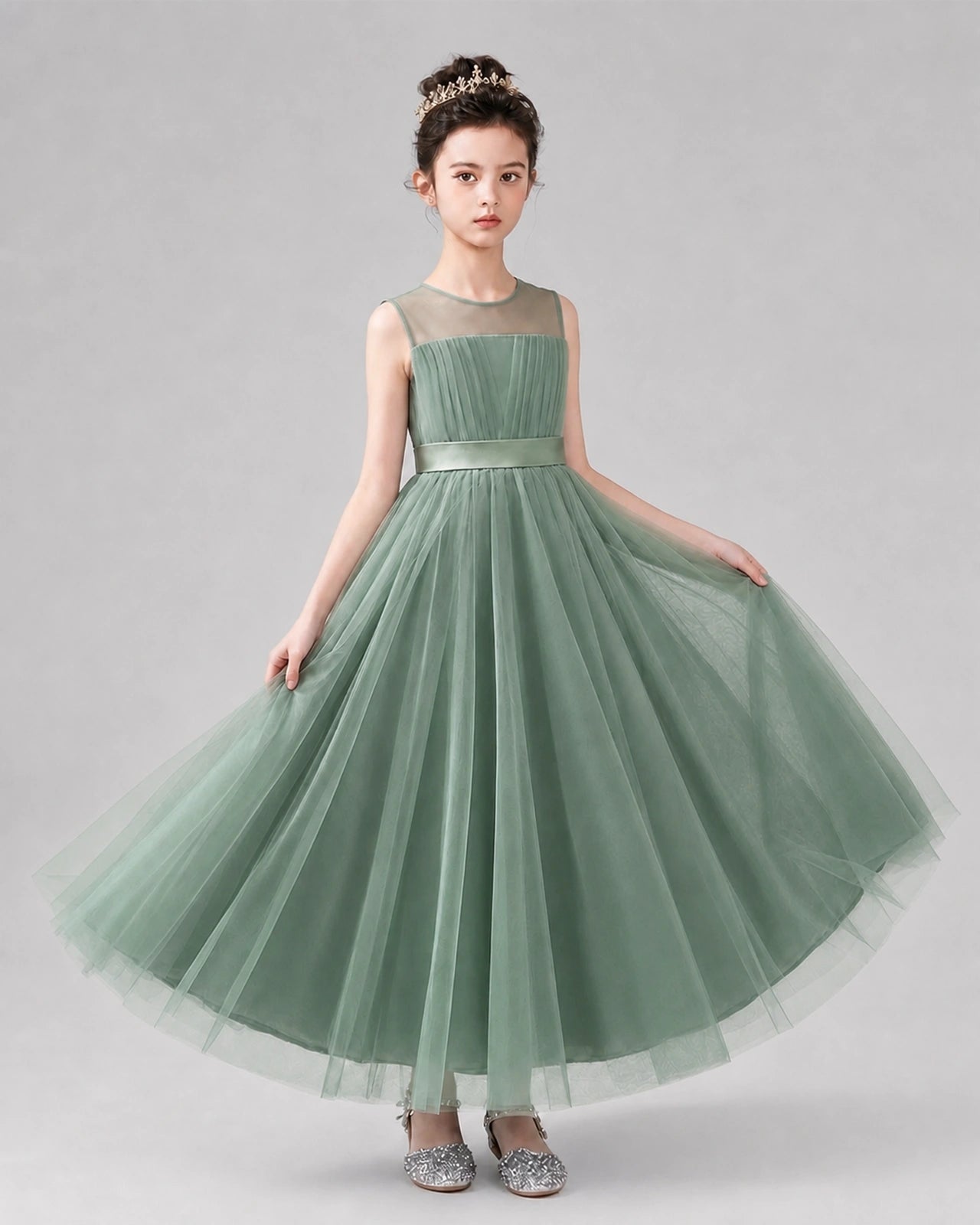 Dideyttawl Tulle Flower Girl Dress with Sleeveless Illusion Neck and Bow