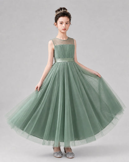 Eucalyptus Satin Tulle A-line Flower Girl Dress Front View