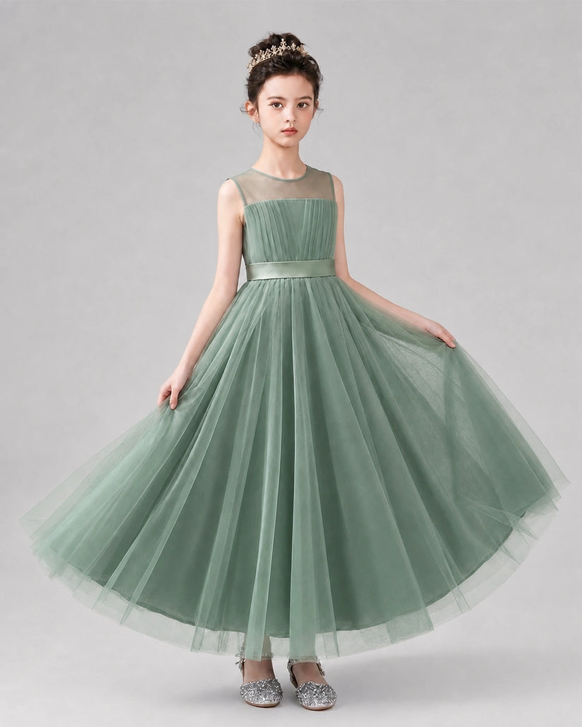 Eucalyptus Satin Tulle A-line Flower Girl Dress Front View