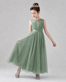 Dideyttawl Tulle Flower Girl Dress with Sleeveless Illusion Neck and Bow