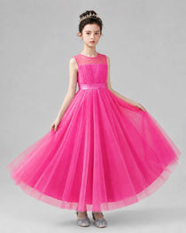 Dideyttawl Tulle Flower Girl Dress with Sleeveless Illusion Neck and Bow