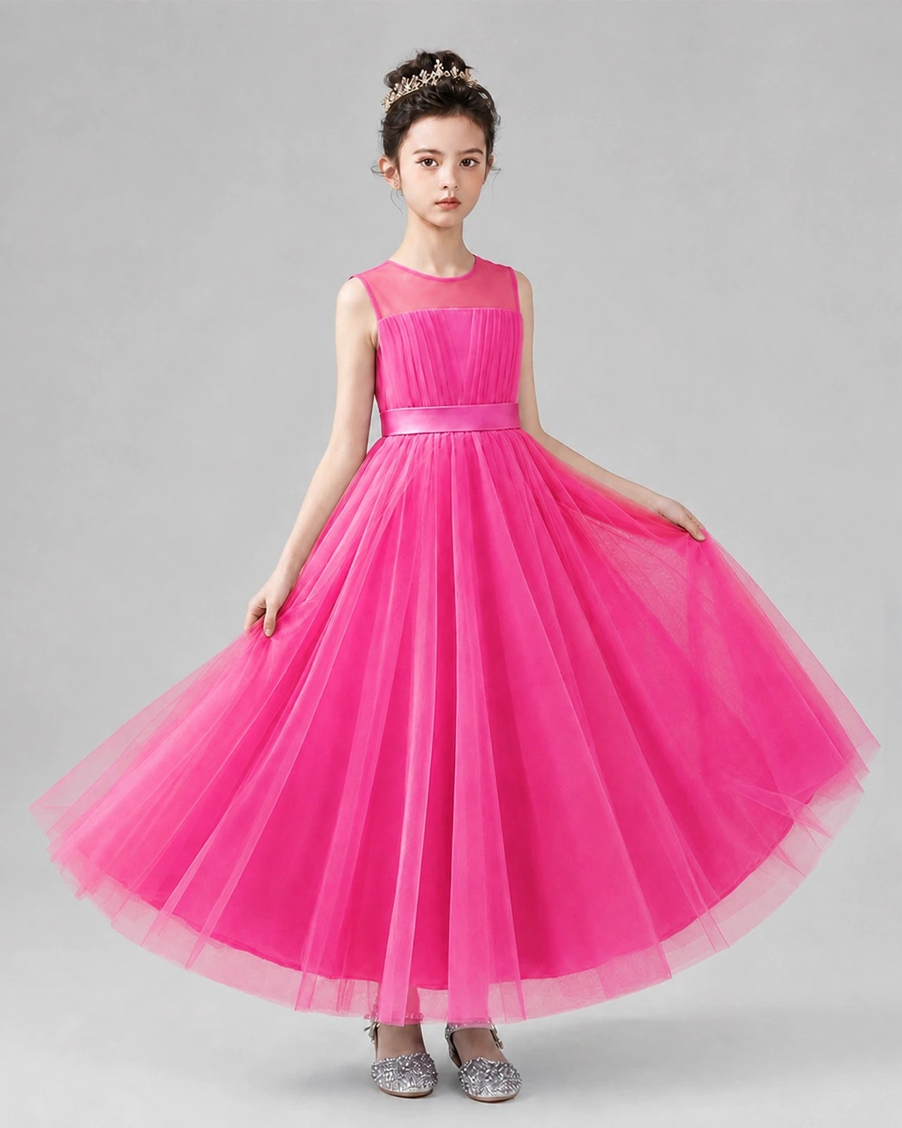 Dideyttawl Tulle Flower Girl Dress with Sleeveless Illusion Neck and Bow