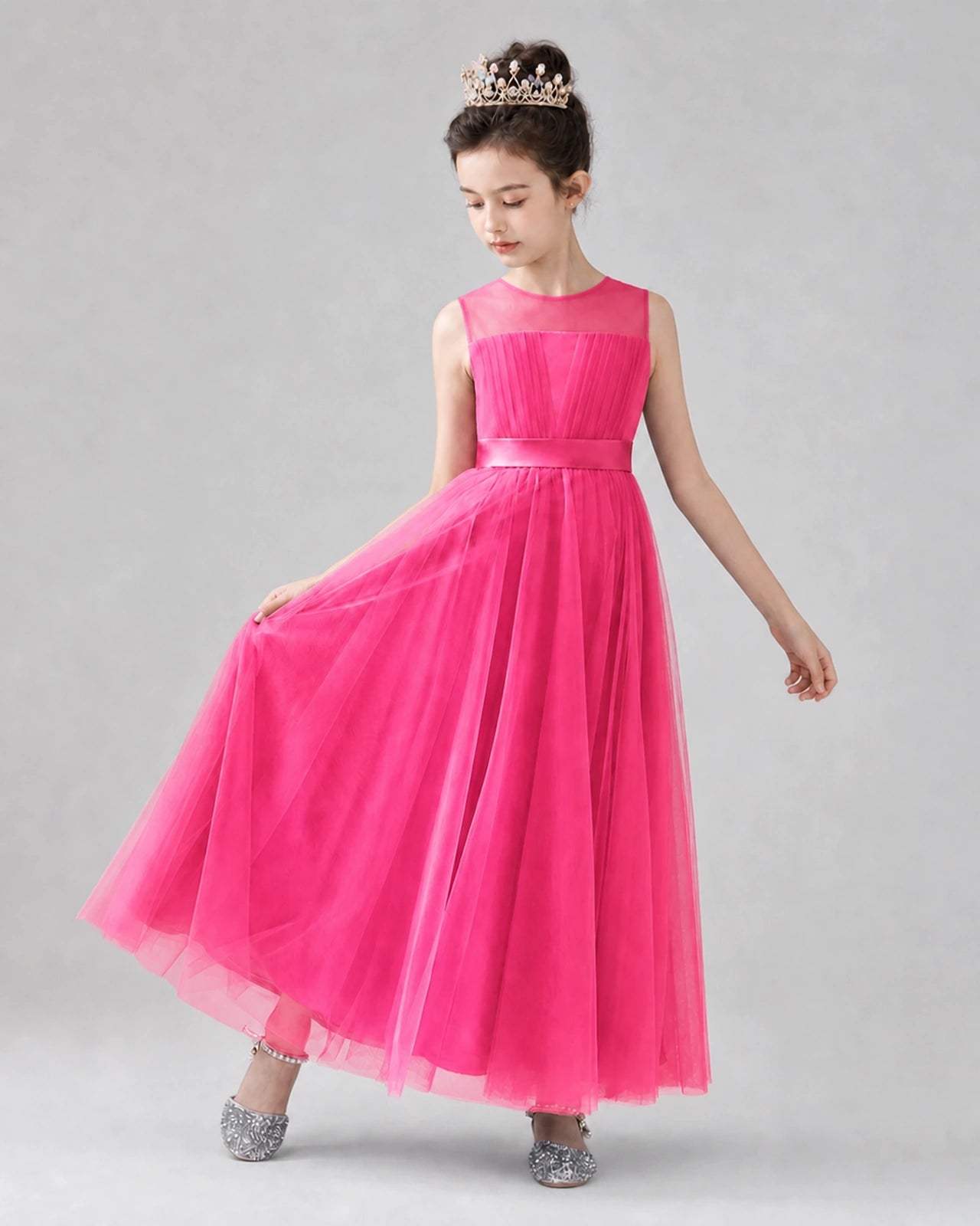 Dideyttawl Tulle Flower Girl Dress with Sleeveless Illusion Neck and Bow