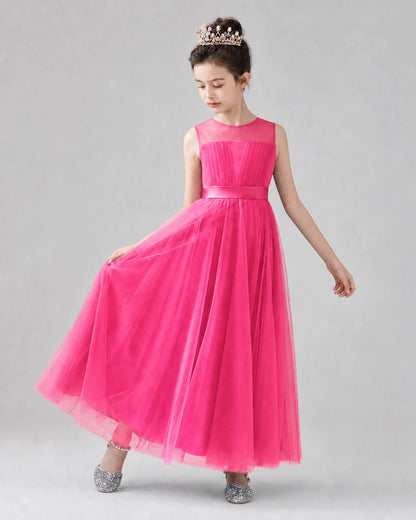 Hot Pink Satin Tulle A-line Flower Girl Dress Front View