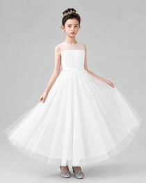 Dideyttawl Tulle Flower Girl Dress with Sleeveless Illusion Neck and Bow