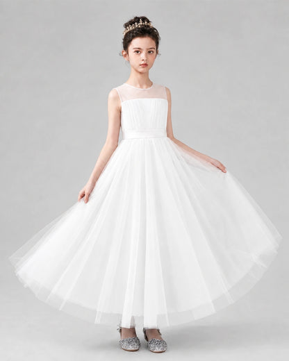 Ivory Satin Tulle A-line Flower Girl Dress Front View