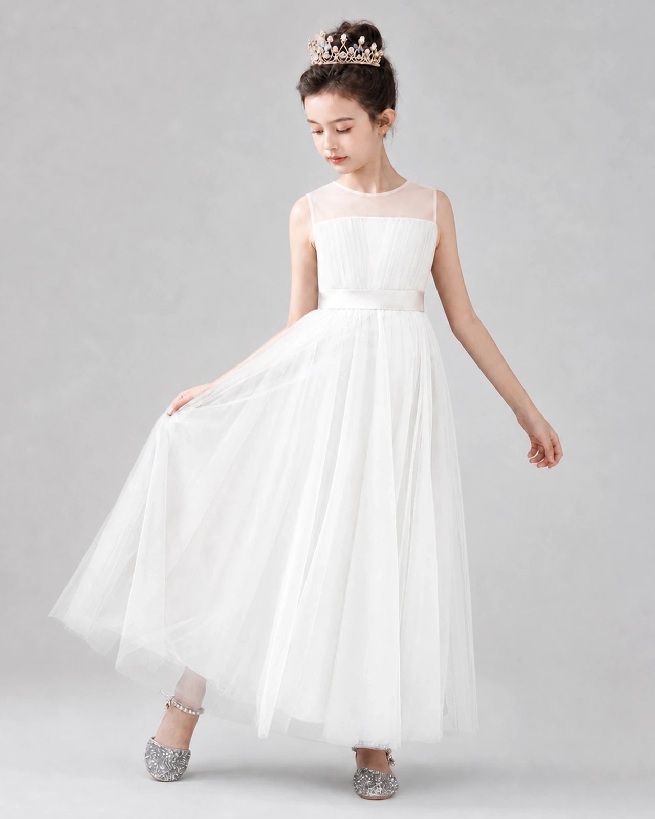 Ivory Satin Tulle A-line Flower Girl Dress Front View