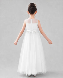 Dideyttawl Tulle Flower Girl Dress with Sleeveless Illusion Neck and Bow