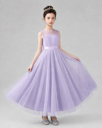 Dideyttawl Tulle Flower Girl Dress with Sleeveless Illusion Neck and Bow