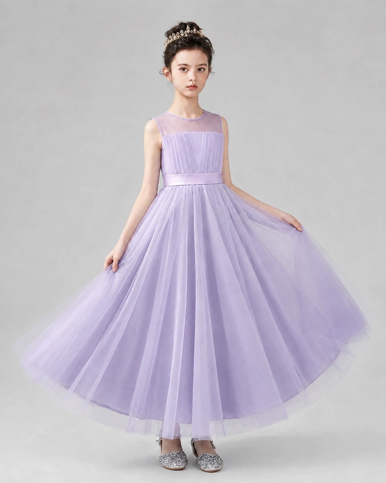 Dideyttawl Tulle Flower Girl Dress with Sleeveless Illusion Neck and Bow